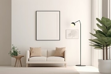 Empty white vertical frame in modern minimalist interior with trendy lamp and sofa on beige wall background, design interior idea - Generative AI