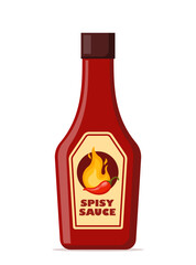 Spicy sauce in red bottle. Ketchup, hot tomato and chili sauce in bottle, red chili pepper and yellow fire on label. Vector illustration.