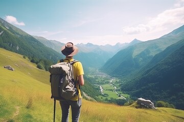 Young backpacking man traveler hiker from back view enjoying nature in Alps mountains - Generative AI