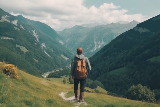 Young backpacking man traveler hiker from back view enjoying nature in Alps mountains - Generative AI