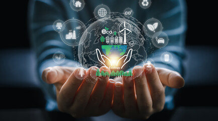 Fototapeta premium Hand holding global saving clean energy earth, save the world, environment, green, eco friendly, net zero, ESG, ecology, CO2, carbon dioxide, carbon footprint.campaign save the earth, earth Day