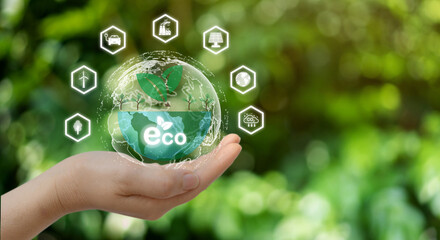 Hand holding global saving clean energy earth, save the world, environment, green, eco friendly, net zero, ESG, ecology, CO2, carbon dioxide, carbon footprint.campaign save the earth, earth Day