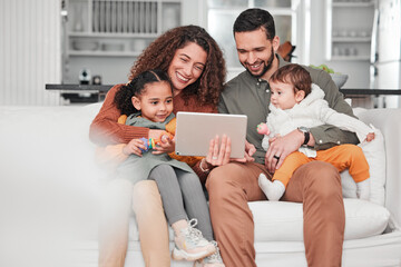 Happy family on couch with tablet, children and bonding, streaming service for child development video with mockup space. Mother, father and kids on sofa, happiness and smile in digital entertainment