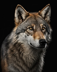 Generated photorealistic portrait of a timber wolf with yellow eyes