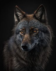 Generated photorealistic portrait of a black wolf with yellow eyes