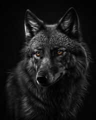 Generated photorealistic portrait of a black wolf with yellow eyes in black and white