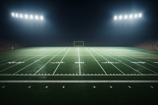 Football field illuminated by stadium lights, Generative AI	