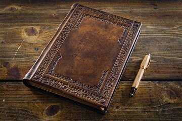 old book cover in brown leather with gilded the frame lay down to wooden table
