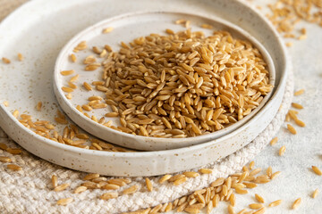 Plates of raw dry rye grain on white table close up. Healthy alternative low gluten diet