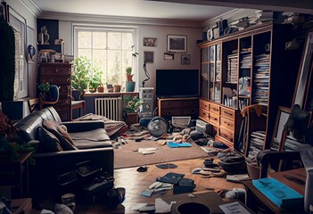 Mess, chaos and disorder in living room, modern home interior. Dirty cluttered apartment. Generative AI - obrazy, fototapety, plakaty