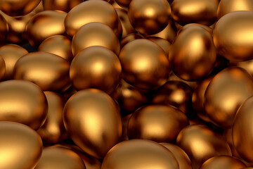 Heap of farm raw organic gold chicken eggs, abstract background