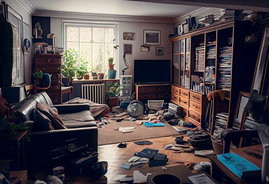 Mess, chaos and disorder in living room, modern home interior. Dirty cluttered apartment. Generative AI