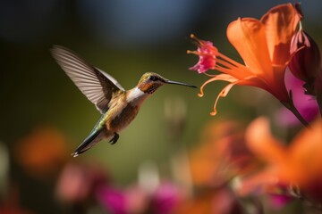Fototapeta premium hummingbird bird flying in front of the flower, generative ai