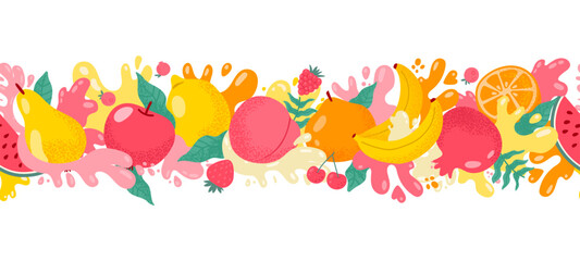 Fruit and berries juice splash border. Seamless pattern with sweet fruit and berry, fresh juicy splashes apple, banana, pear, peach. Vector illustration