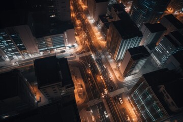 Nocturnal streetscapes in a big city at night with long exposure from a DJI Mavic 3 bird's eye perspective - Generative AI