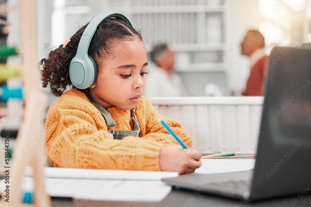 Wall mural Headphones, elearning and kid writing in home for online class, homeschool and homework. Laptop, education and development of girl studying, distance learning and knowledge, notes and growth in house