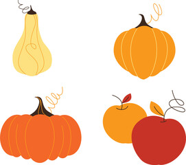 Set of pumpkins, apples and pears. Vector illustration.