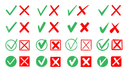 Green and red check marks. Cross and tick elements check list, yes or no checking indicators, right or wrong answers icon on white background. Vector set