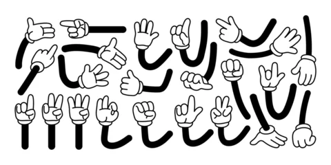 Foto op Plexiglas Retro compositie Cartoon hands in gloves. Funny retro mascot hand gestures and comic vintage arm character in expression poses. Palm and finger action. Vector set