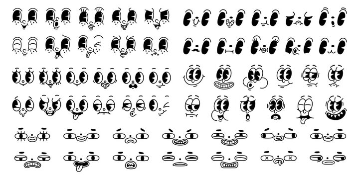 Cartoon 1930-s retro faces. Vintage emotional face, old style funny eyes and mouth, different facial expression on white background. Vector set