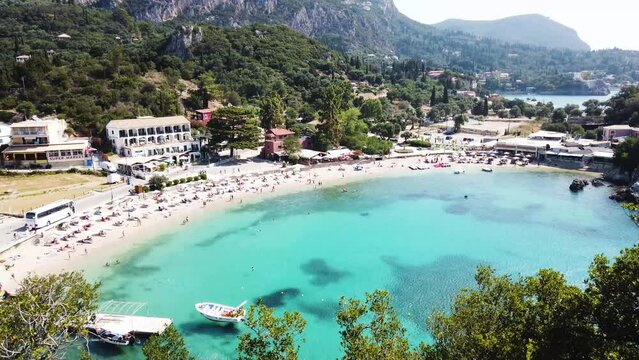 itablishing shot of Paleokastrica beach and Ionian sea on Korfu, Greece, panoramic shot