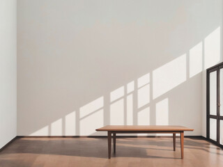Empty top wooden shelves and wall background.