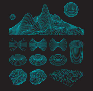 3d wireframe shapes. Grid sphere, cylinder and torus, amorphic asteroid, hyperboloid metaverse geometric elements. Isolated vector futuristic retrowave set