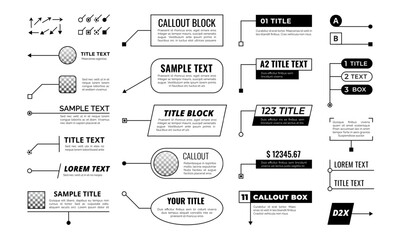 Callout. Title text box frame, infographic callouts. Pop-up textbox balloons, speech labels with arrows. Tech layouts vector set
