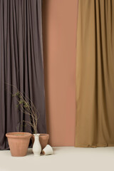 Studio set background with clay pots and curtains in terracotta, gray and white colors