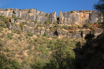 Fototapeta na wymiar Valley Wall and Trees at Panton de la Oliva Reservoir, Patones, Madrid, Spain