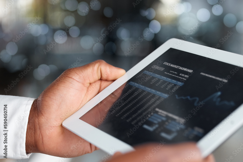 Poster Hands, tablet screen and stock market app for investment on bokeh background. Dashboard, technology and business person with touchscreen for finance ui, analytics or graphs for trading or fintech.