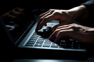 Hände tippen in dunklem Raum auf Laptop-Tastatur. Generativ AI