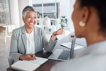 Happy meeting, planning and business women advice, teamwork or discussion for career, project or b2b networking. Proposal, ideas and agency for professional people or clients conversation in office
