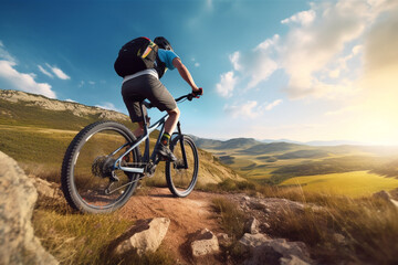 Mountain bike. Sport and healthy life. Extreme sports. Mountain bicycle and man, Generative AI	
