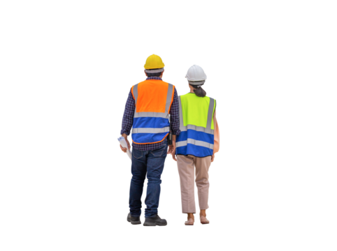Female engineer and foreman worker checking project at building site, Engineer and builders in hardhats discussing on construction site, Teamwork concepts
