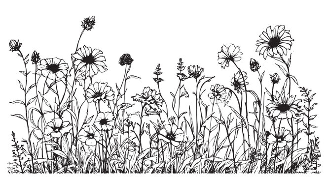 Wild flower field border hand drawn sketch in doodle style illustration