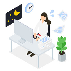 残業・業務が多い事務スタッフのアイソメトリックイラスト