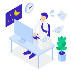 残業・業務が多い男性のアイソメトリックイラスト