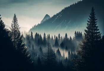 Misty mountains with fir forest in fog. Foggy trees in morning light. Generative AI