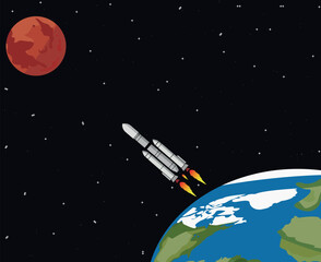 Chandrayaan heading toward mars from earth with black sky and stars in background | ISRO Satellite Launch Vehicle (GSLV) vector illustration | Indian Space Program