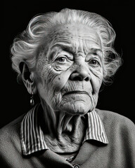 Long life - a stunning portrait of a thoughtful old wise woman / granny looking back on his life. Black and white photo. Generative AI