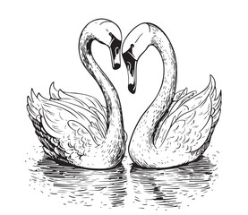 Pair of swans in the pond hand drawn sketch in doodle style illustration © BigJoy