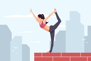 Fototapeta na wymiar Woman practices yoga on top of building. Girl performing aerobics exercise and morning meditation at home. Young and happy woman meditates.