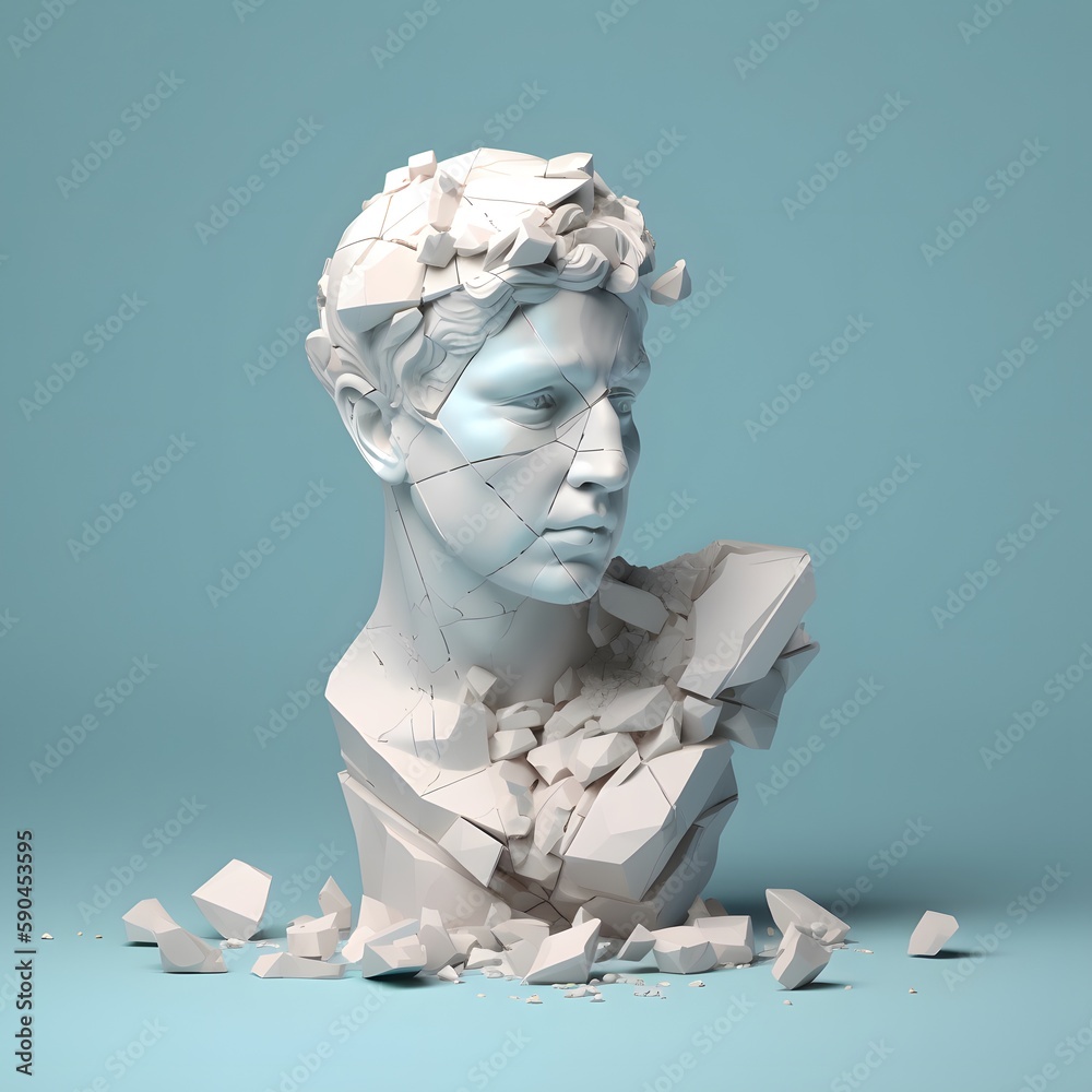 Wall mural 3d style white marble bust of male classical sculpture broken shattered into large pieces and tiny f