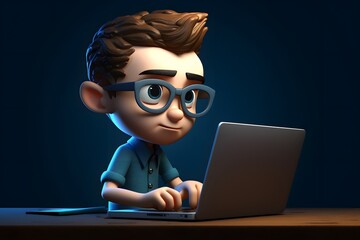 Portrait of successful programmer, game developer or coder guy in uses computer laptop for work. Game design. Hacker boy. Generative Ai.