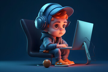 Portrait of successful programmer, game developer or coder guy in uses computer laptop for work. Game design. Hacker boy. Generative Ai. Gamer in headphones. - obrazy, fototapety, plakaty
