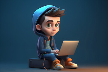 Portrait of successful programmer, game developer or coder guy in uses computer laptop for work. Game design. Hacker boy. Generative Ai. Coding professional in Hoodie.