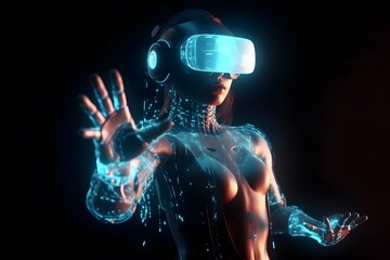 3d realistic female character with futuristic VR glasses and headset. copy space. metaverse concept, technology, video game and virtual reality. 3d rendering. Generative Ai.