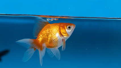 Goldfish swimming in the blue water. Shallow depth of field.