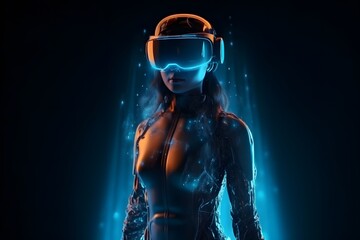 Fototapeta na wymiar 3d realistic female character with futuristic VR glasses and headset. copy space. metaverse concept, technology, video game and virtual reality. 3d rendering. Generative Ai.